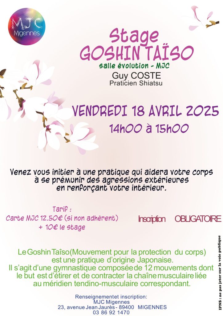 Vendredi 18 avril 2025

14h-15h
Stage Goshin